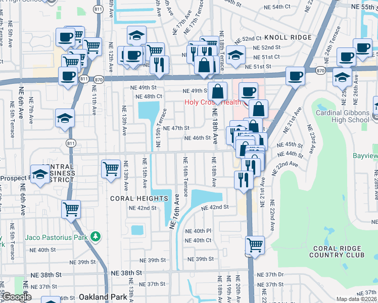 map of restaurants, bars, coffee shops, grocery stores, and more near 1724 Northeast 46th Street in Oakland Park