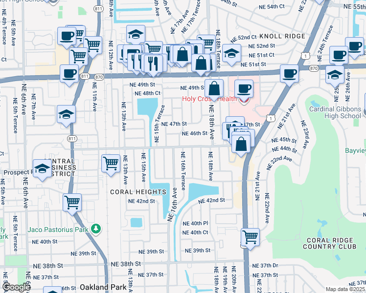 map of restaurants, bars, coffee shops, grocery stores, and more near 1596 Northeast 46th Street in Oakland Park