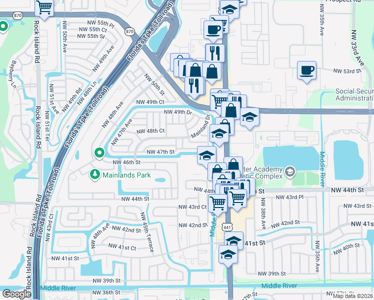 map of restaurants, bars, coffee shops, grocery stores, and more near 4117 Northwest 47th Court in Tamarac