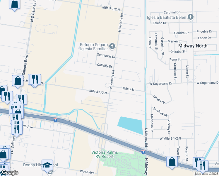 map of restaurants, bars, coffee shops, grocery stores, and more near 2511 North Victoria Road in Donna