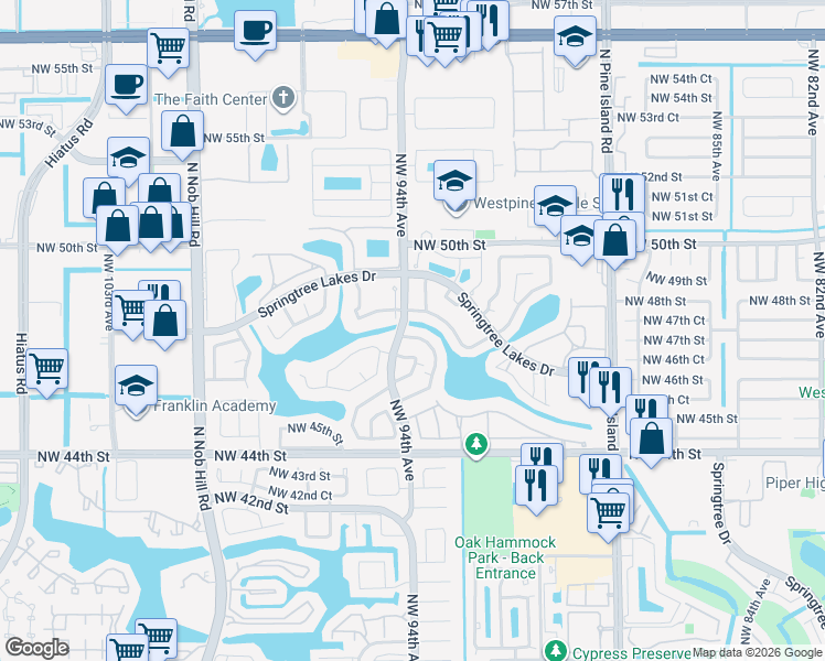 map of restaurants, bars, coffee shops, grocery stores, and more near 9354 Northwest 48th Street in Sunrise