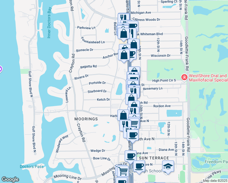 map of restaurants, bars, coffee shops, grocery stores, and more near 3030 Binnacle Drive in Naples