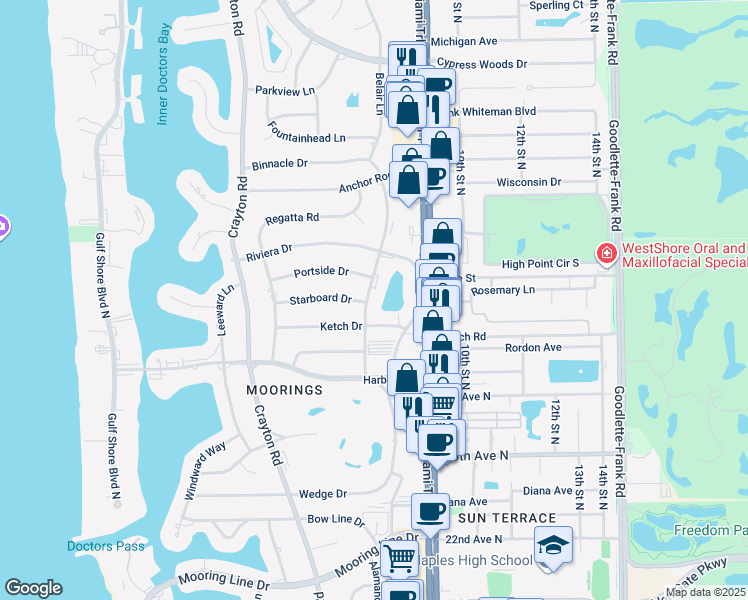 map of restaurants, bars, coffee shops, grocery stores, and more near 796 Portside Drive in Naples