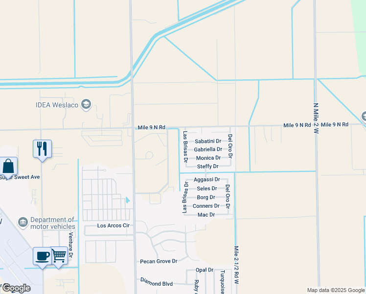 map of restaurants, bars, coffee shops, grocery stores, and more near 2405 Las Brisas Drive in Weslaco