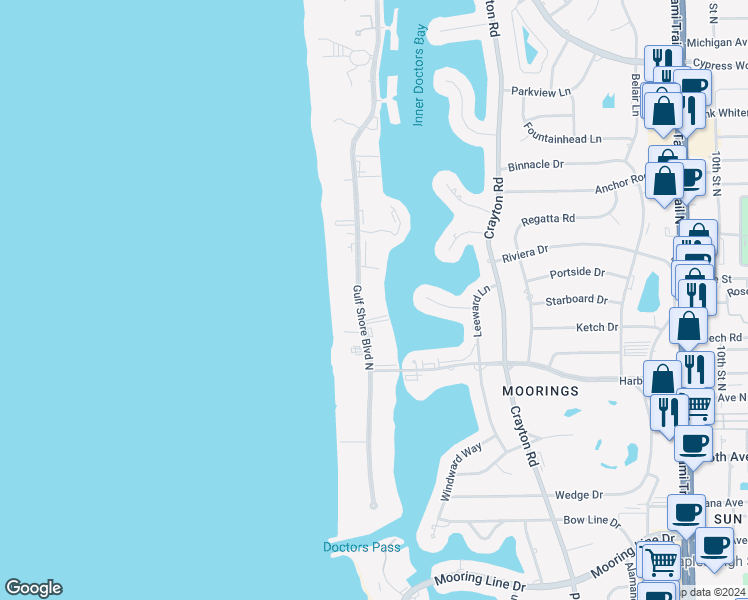 map of restaurants, bars, coffee shops, grocery stores, and more near 3100 Gulf Shore Boulevard North in Naples