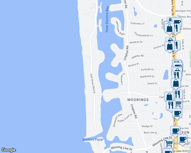 map of restaurants, bars, coffee shops, grocery stores, and more near 3200 Gulf Shore Boulevard North in Naples