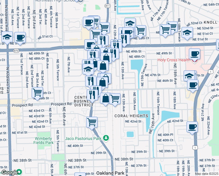 map of restaurants, bars, coffee shops, grocery stores, and more near 1201 Northeast 45th Street in Oakland Park