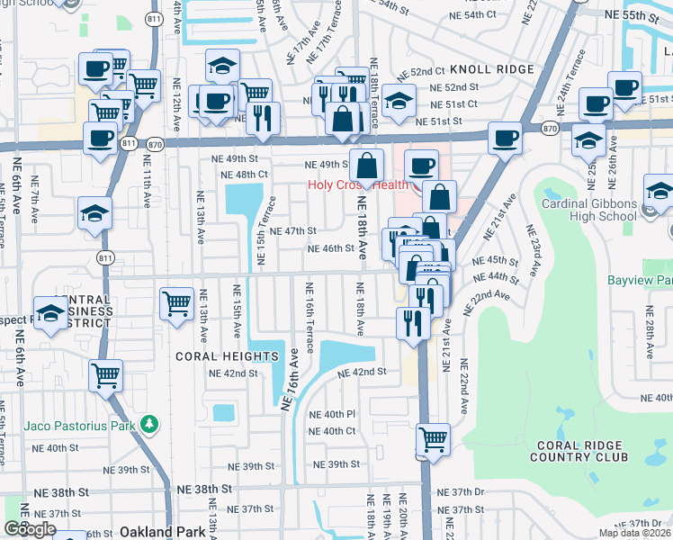 map of restaurants, bars, coffee shops, grocery stores, and more near 1724 Northeast 46th Street in Oakland Park