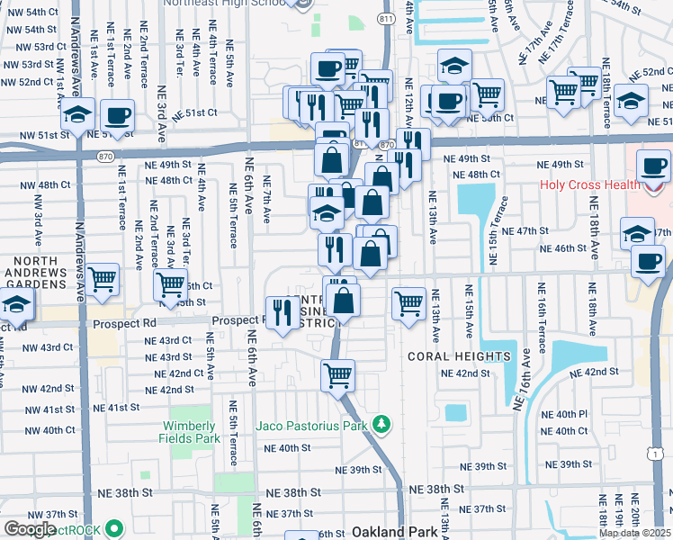 map of restaurants, bars, coffee shops, grocery stores, and more near 4530 North Dixie Highway in Oakland Park