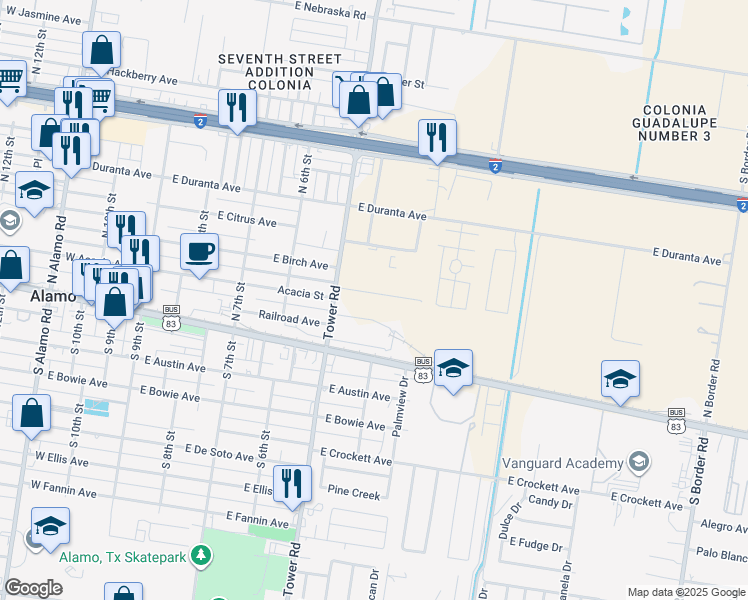 map of restaurants, bars, coffee shops, grocery stores, and more near 420 North Tower Road in Alamo