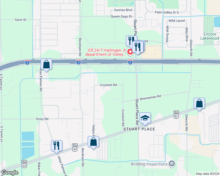 map of restaurants, bars, coffee shops, grocery stores, and more near 16201-16399 Crockett Road in Harlingen