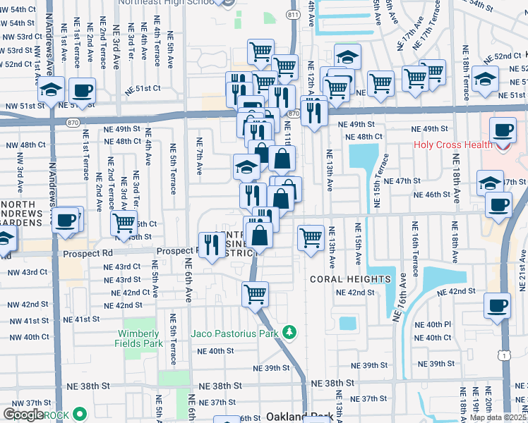 map of restaurants, bars, coffee shops, grocery stores, and more near 4530 North Dixie Highway in Oakland Park