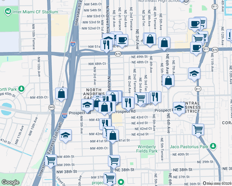 map of restaurants, bars, coffee shops, grocery stores, and more near 30 Northeast 46th Court in Fort Lauderdale