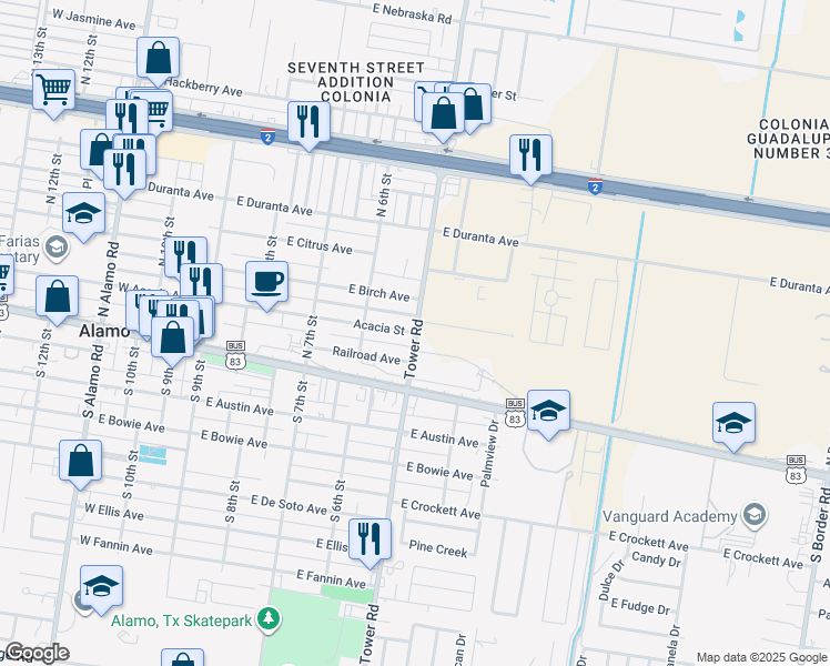 map of restaurants, bars, coffee shops, grocery stores, and more near 213 North Tower Road in Alamo