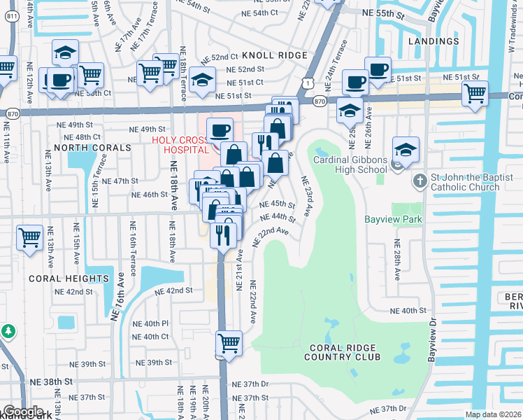 map of restaurants, bars, coffee shops, grocery stores, and more near 2109 Northeast 45th Street in Fort Lauderdale