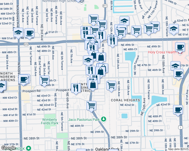 map of restaurants, bars, coffee shops, grocery stores, and more near 4530 North Dixie Highway in Oakland Park