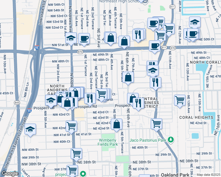 map of restaurants, bars, coffee shops, grocery stores, and more near 4611 Northeast 3rd Terrace in Fort Lauderdale