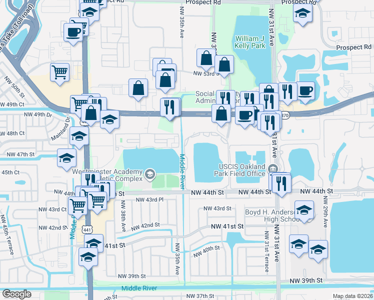 map of restaurants, bars, coffee shops, grocery stores, and more near 3441 Northwest 44th Street in Fort Lauderdale