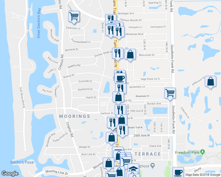 map of restaurants, bars, coffee shops, grocery stores, and more near 3055 Riviera Drive in Naples