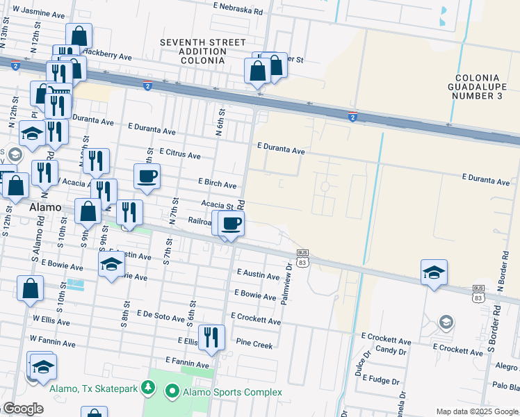 map of restaurants, bars, coffee shops, grocery stores, and more near 213 North Tower Road in Alamo