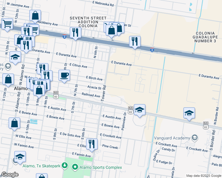 map of restaurants, bars, coffee shops, grocery stores, and more near 213 North Tower Road in Alamo