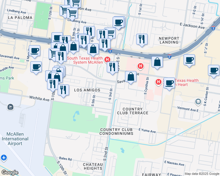 map of restaurants, bars, coffee shops, grocery stores, and more near 401 Toronto Avenue in McAllen