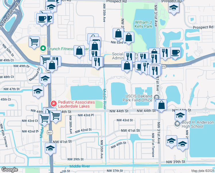 map of restaurants, bars, coffee shops, grocery stores, and more near 3441 Northwest 44th Street in Fort Lauderdale