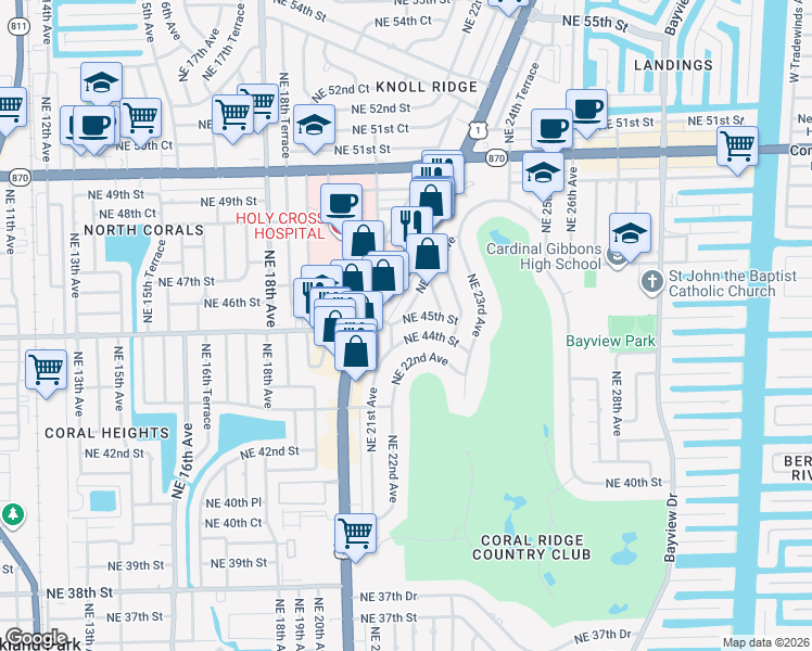 map of restaurants, bars, coffee shops, grocery stores, and more near 2109 Northeast 45th Street in Fort Lauderdale