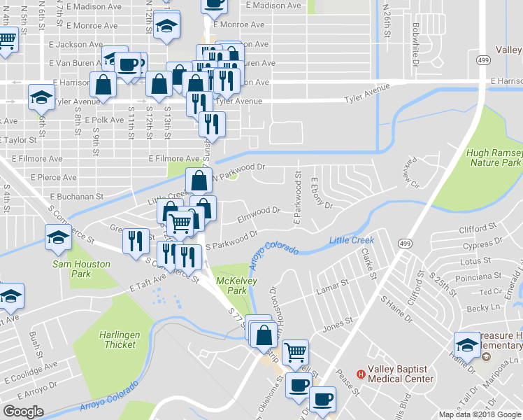 map of restaurants, bars, coffee shops, grocery stores, and more near 1814 Elmwood Drive in Harlingen
