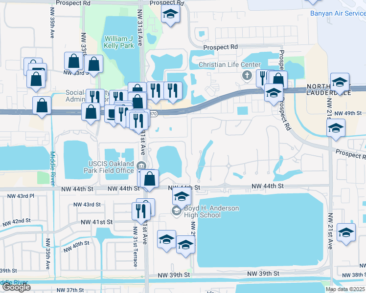 map of restaurants, bars, coffee shops, grocery stores, and more near 214 Lake Pointe Drive in Oakland Park