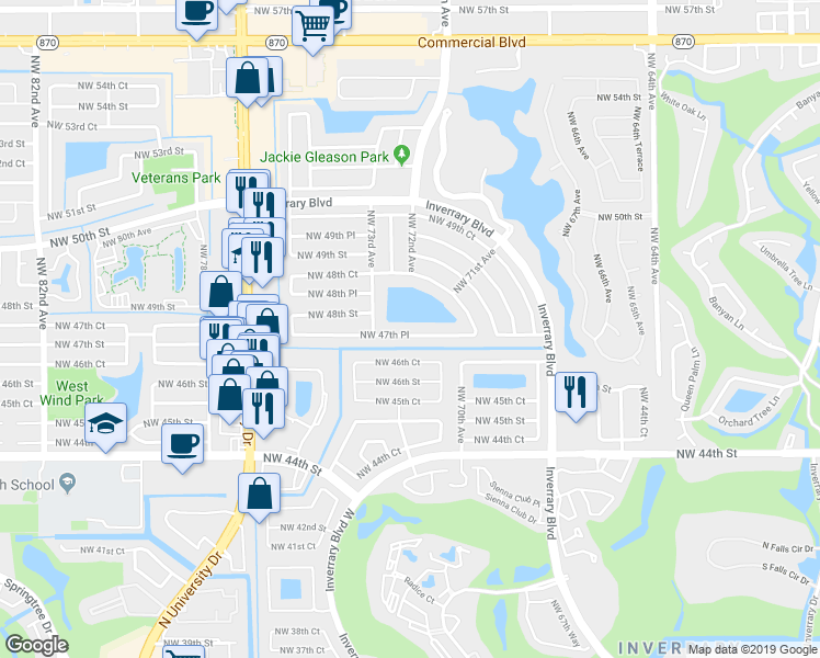map of restaurants, bars, coffee shops, grocery stores, and more near 7211 Northwest 47th Place in Lauderhill