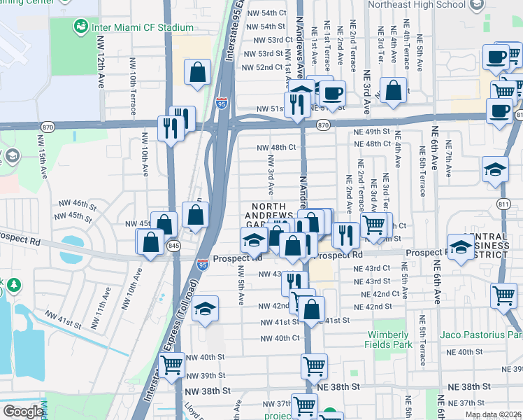 map of restaurants, bars, coffee shops, grocery stores, and more near 348 Northwest 46th Court in Fort Lauderdale