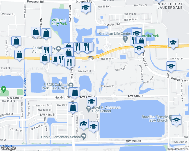 map of restaurants, bars, coffee shops, grocery stores, and more near 2918 Northwest 46th Street in Fort Lauderdale