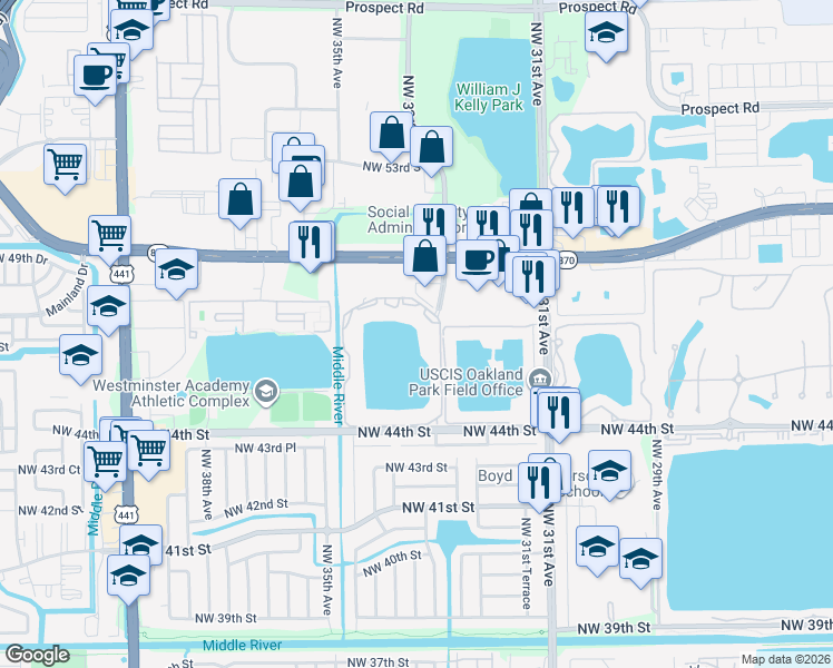 map of restaurants, bars, coffee shops, grocery stores, and more near 3445 Northwest 44th Street in Fort Lauderdale