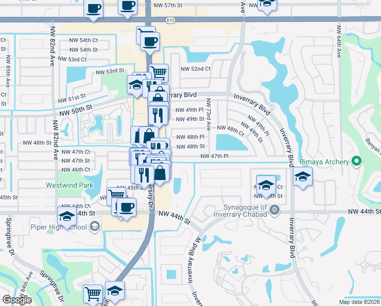 map of restaurants, bars, coffee shops, grocery stores, and more near 7408 Northwest 48th Street in Lauderhill