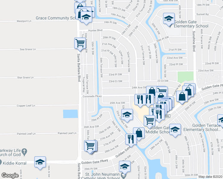 map of restaurants, bars, coffee shops, grocery stores, and more near 5321 24th Avenue Southwest in Naples