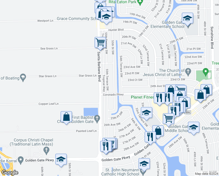 map of restaurants, bars, coffee shops, grocery stores, and more near 2395 55th Street Southwest in Naples