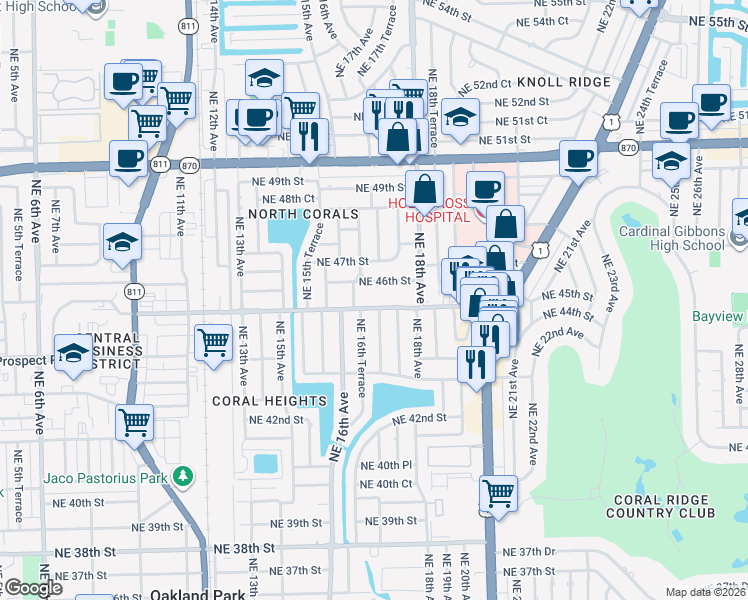 map of restaurants, bars, coffee shops, grocery stores, and more near 1724 Northeast 46th Street in Oakland Park