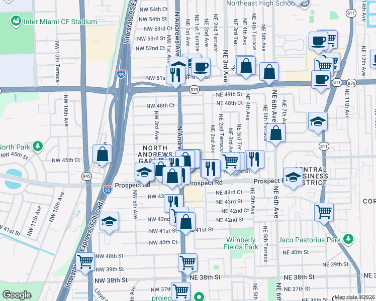 map of restaurants, bars, coffee shops, grocery stores, and more near 41 Northeast 46th Street in Oakland Park