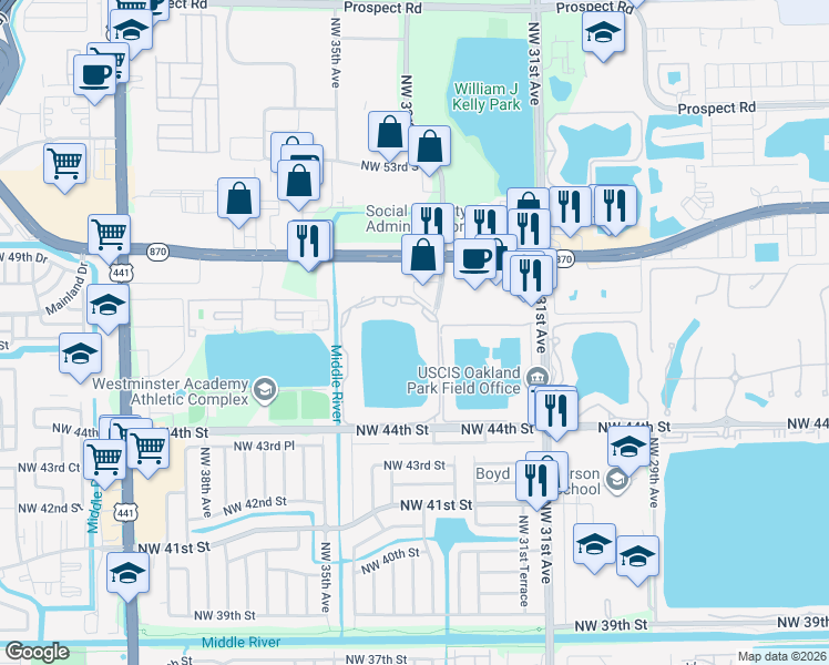 map of restaurants, bars, coffee shops, grocery stores, and more near 3445 Northwest 44th Street in Fort Lauderdale