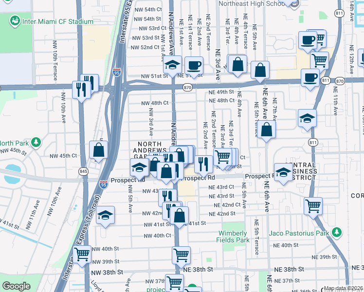 map of restaurants, bars, coffee shops, grocery stores, and more near 41 Northeast 46th Street in Oakland Park