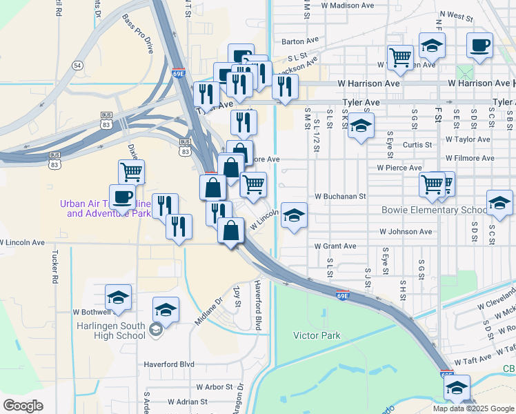map of restaurants, bars, coffee shops, grocery stores, and more near 505 South P Street in Harlingen