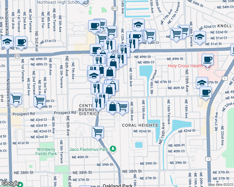 map of restaurants, bars, coffee shops, grocery stores, and more near 1201 Northeast 45th Street in Oakland Park