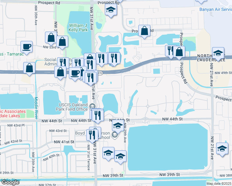 map of restaurants, bars, coffee shops, grocery stores, and more near 216 Lake Pointe Drive in Oakland Park