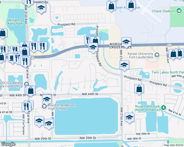 map of restaurants, bars, coffee shops, grocery stores, and more near 2400 Oaktree Ave in Oakland Park