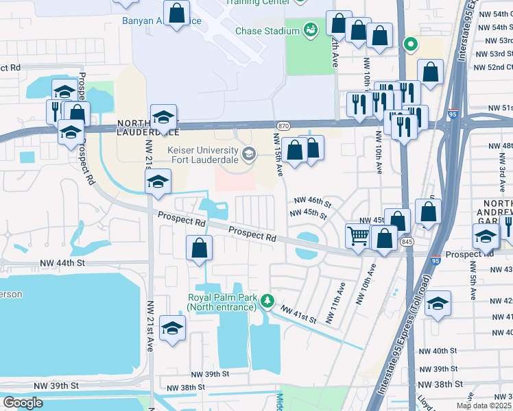 map of restaurants, bars, coffee shops, grocery stores, and more near 4575 Northwest 16th Way in Fort Lauderdale