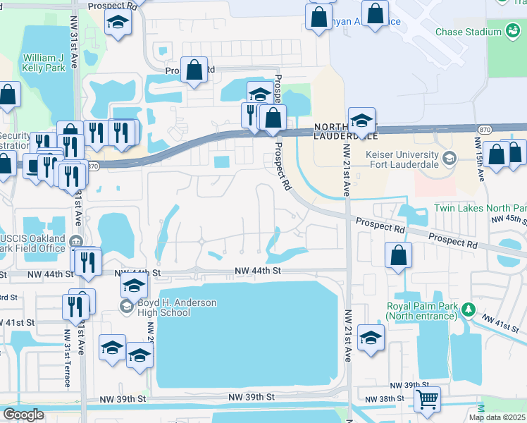 map of restaurants, bars, coffee shops, grocery stores, and more near 2400 Oaktree Ave in Oakland Park