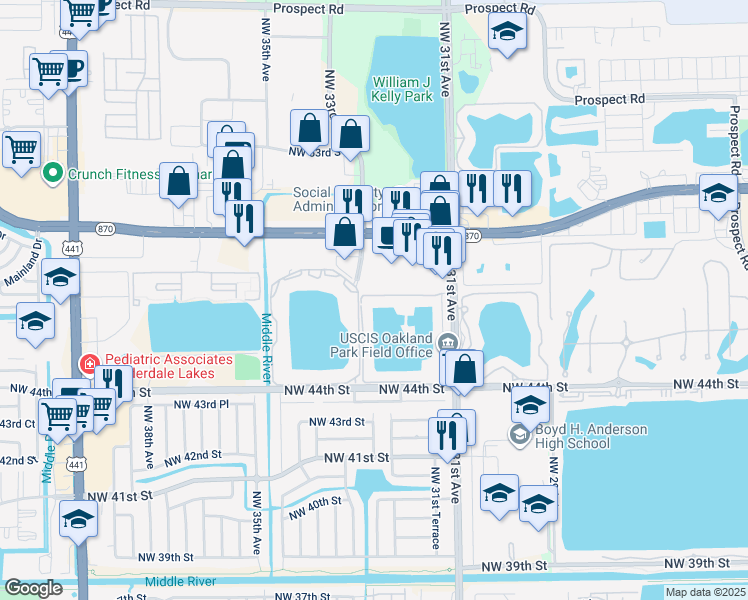 map of restaurants, bars, coffee shops, grocery stores, and more near Northwest 46th Street in Oakland Park