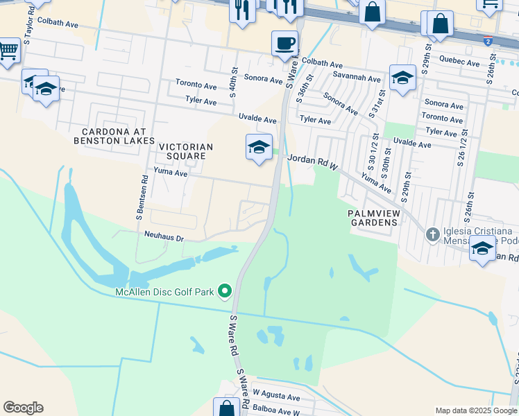 map of restaurants, bars, coffee shops, grocery stores, and more near 2701 Parker Lane in McAllen