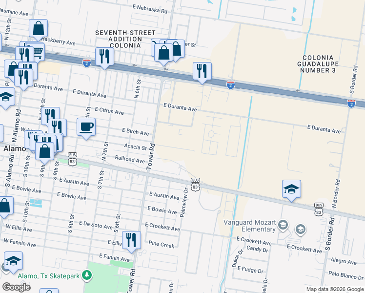 map of restaurants, bars, coffee shops, grocery stores, and more near 420 North Tower Road in Alamo
